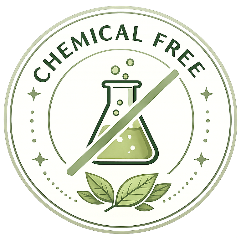 Chemical free label with a beaker and leaves on a white background