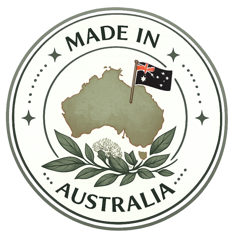 Circular 'Made in Australia' logo with a map of Australia and Australian flag.